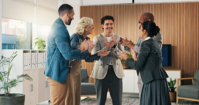 Buy stock photo Laugh, business people and applause in office for success, company growth or financial achievement. Team, excited and employees clapping together in workplace for milestone, celebration or funding