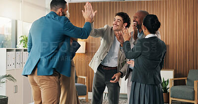 Buy stock photo High five, happy and business people in office with team building, achievement or collaboration. Support, smile and group of corporate employees with celebration for target, goal or partnership.
