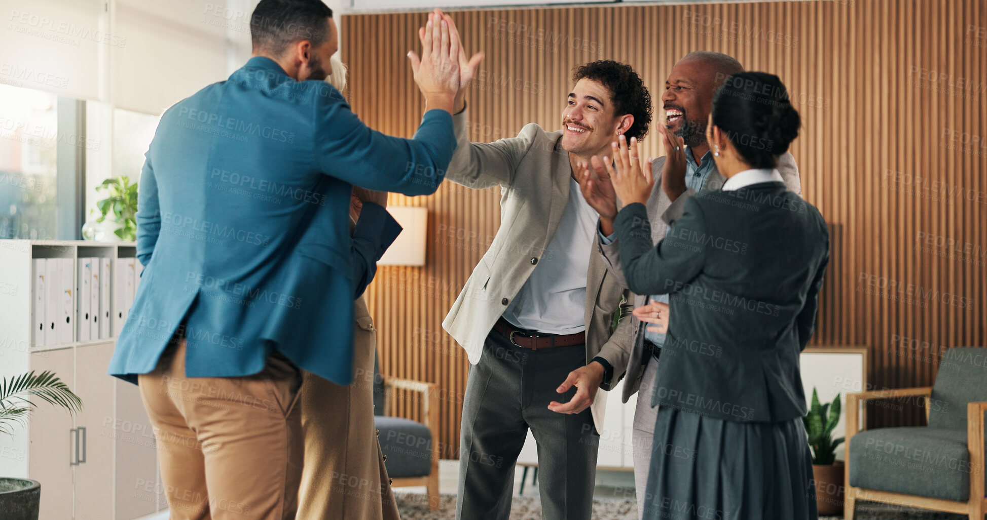 Buy stock photo High five, happy and business people in office with team building, achievement or collaboration. Support, smile and group of corporate employees with celebration for target, goal or partnership.