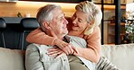 Love, home and senior couple with smile, laughing and connection with partner on break and affection. Happy, mature people and bonding on weekend, embrace and commitment for relationship in house