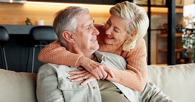 Buy stock photo Love, home and senior couple with smile, laughing and connection with partner on break and affection. Happy, mature people and bonding on weekend, embrace and commitment for relationship in house