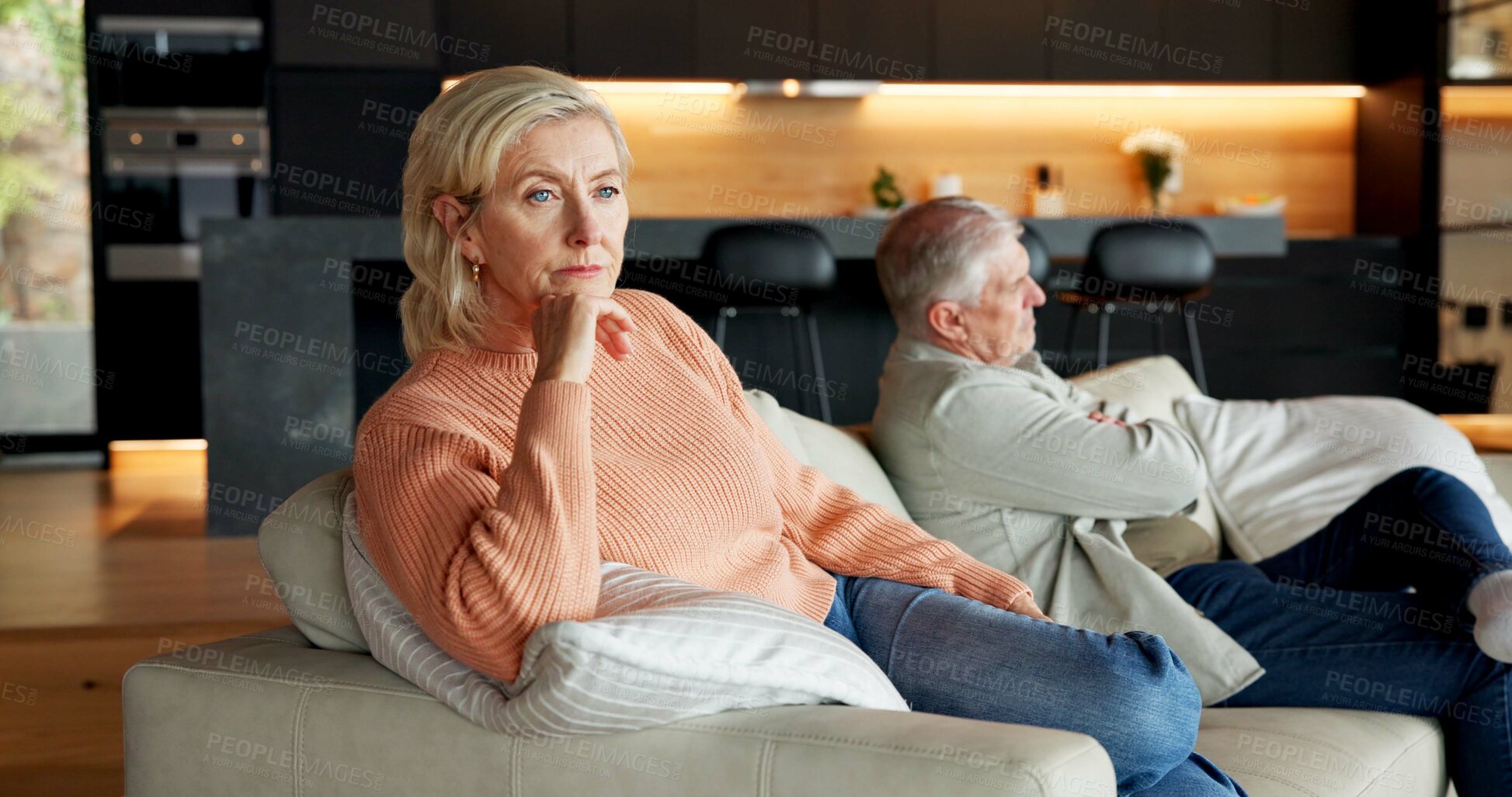 Buy stock photo Woman, ignore and senior couple in conflict for infidelity, silent treatment or thinking of divorce. Fight, pensioner and contemplating marriage in home for cheating, betrayal and unresolved dispute