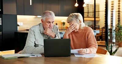 Buy stock photo Laptop, paperwork or senior couple with stress for debt review, overdue bills or inflation pressure. Tech, people and worry with statement in home for financial crisis, pension delay and court order