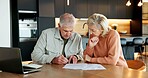 Planning, laptop and application with couple for financial documents, retirement savings or online banking. Tax review, budget and pension funding with mature people in home for future investment