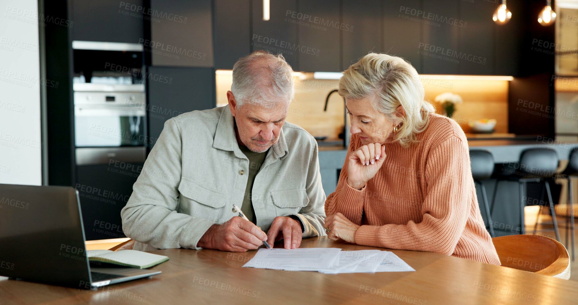 Buy stock photo Planning, laptop and application with couple for financial documents, retirement savings or online banking. Tax review, budget and pension funding with mature people in home for future investment