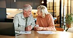 Planning, phone and application with couple for financial documents, retirement savings or online banking. Tax review, laptop and pension funding with mature people in home for investment budget