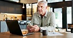 Thinking, old man and smile in home with phone, research or contact bank for loan application. Senior person, laptop or mobile at house for banking, finance information and online payment of expenses