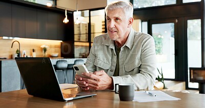 Buy stock photo Thinking, old man and smile in home with phone, research or contact bank for loan application. Senior person, laptop or mobile at house for banking, finance information and online payment of expenses