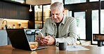 Smile, old man and reading in home with phone, research and information on loan application. Senior person, laptop or mobile at house for banking, finance report and online payment of household bills