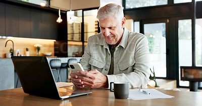 Buy stock photo Smile, old man and reading in home with phone, research and information on loan application. Senior person, laptop or mobile at house for banking, finance report and online payment of household bills