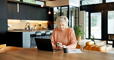 Buy stock photo Woman, relax and reading in home with phone, research and contact bank for loan application. Mature person, laptop or mobile at house for banking, finance report and online payment of household bills