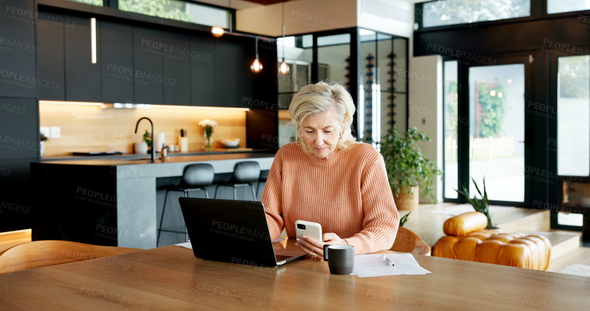 Buy stock photo Woman, relax and reading in home with phone, research and contact bank for loan application. Mature person, laptop or mobile at house for banking, finance report and online payment of household bills