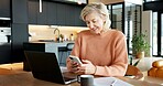 Smile, woman and reading in home with phone, research and text message on loan application. Mature person, laptop or mobile at house for banking, finance report and online payment of household bills