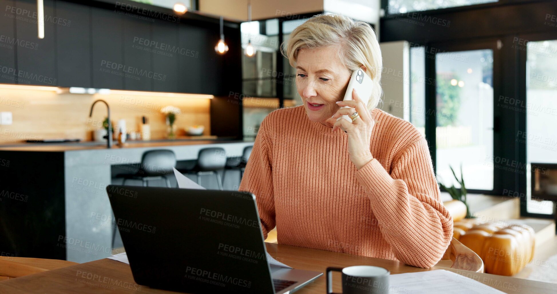 Buy stock photo Woman, remote work and phone call with laptop in home for real estate, property report or review. Mature realtor, tech and paperwork for sales agreement, listing information or negotiation statement
