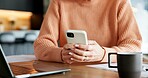 Hands, woman and reading in home with phone, research and contact bank for loan application. Mature person, laptop or mobile at house for banking, finance report and online payment of household bills