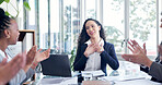 Applause, meeting and thank you with business people in boardroom together for goals or target. Achievement, clapping and gratitude with employee team at table in office for celebration or milestone