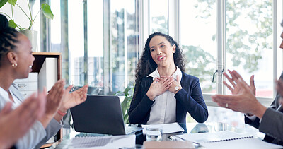Buy stock photo Applause, meeting and thank you with business people in boardroom together for goals or target. Achievement, clapping and gratitude with employee team at table in office for celebration or milestone