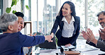 Applause, handshake and meeting with business people in boardroom together for goals or target. Achievement, clapping and shaking hands with employee team in office for celebration or milestone