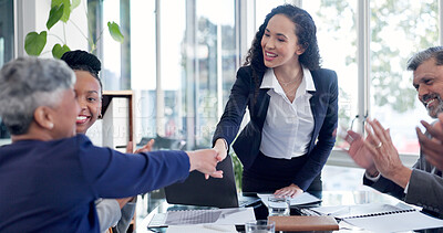 Buy stock photo Applause, handshake and meeting with business people in boardroom together for goals or target. Achievement, clapping and shaking hands with employee team in office for celebration or milestone