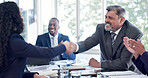 Applause, handshake and success with business people in boardroom together for goals or target. Achievement, clapping and meeting with employee team shaking hands in office for support or welcome