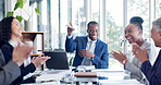 Applause, meeting and motivation with business people in boardroom together for goals or target. Achievement, clapping and success with employee team at table in office for celebration or milestone