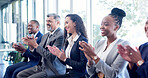 Applause, success and workshop with business people in office together for goals or target. Achievement, clapping and seminar with happy employee team in workplace meeting for upskill development