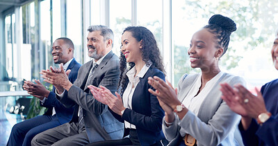 Buy stock photo Applause, success and workshop with business people in office together for goals or target. Achievement, clapping and seminar with happy employee team in workplace meeting for upskill development