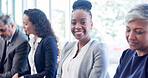 Portrait, candidate and business woman in waiting room for interview, corporate opportunity or job. Happy people, onboarding and employment or recruitment in hiring process, smile or HR company
