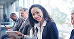 Portrait, interview and business woman in waiting room with candidate, corporate opportunity or job. Professional people, onboarding and employment or recruitment in hiring process, smile and tech