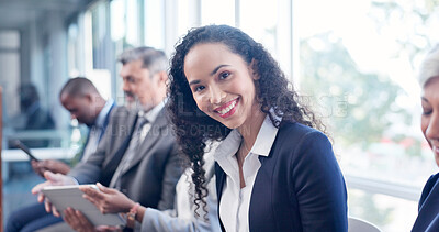 Buy stock photo Portrait, interview and business woman in waiting room with candidate, corporate opportunity or job. Professional people, onboarding and employment or recruitment in hiring process, smile and tech