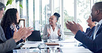 Applause, meeting and success with business people in boardroom together for goals or target. Achievement, clapping and motivation with employee team at table in office for celebration or milestone