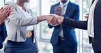 Business, clap or people in office with handshake, meeting success or celebration in b2b deal. Partnership, applause or employee with shaking hands, agreement or achievement with merger opportunity.