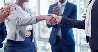 Buy stock photo Business, clap or people in office with handshake, meeting success or celebration in b2b deal. Partnership, applause or employee with shaking hands, agreement or achievement with merger opportunity.