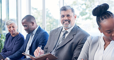 Buy stock photo Portrait, notebook and business man in waiting room for interview, corporate opportunity or job. Mature person, happy and employment or recruitment in hiring process, writing notes and HR company