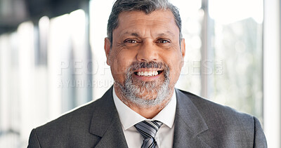 Buy stock photo Business, happy or man in office with portrait, optimism or ambition as wealth advisor. Confidence, corporate or mature finance consultant with smile, about us or pride as investment professional.