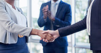 Business, clap or people in agency with handshake, meeting success or celebration in b2b deal. Corporate, applause or employee with shaking hands, agreement or achievement with merger opportunity.