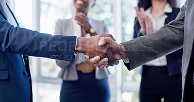 Buy stock photo Business, clap or people in workplace with handshake, meeting success or celebration in b2b deal. Partnership, applause or employee with shaking hands, agreement or achievement in merger opportunity.