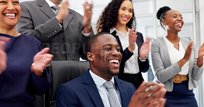 Buy stock photo Applause, laughing and motivation with business people in office together for goals or target. Achievement, clapping and success with excited employee team in workplace for bonus or milestone