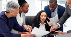 Woman, team or chaos in office with phone call, demanding job or overwhelmed with business. Busy, branch manager or group in workplace with tech, request attention or multitasking for responsibility