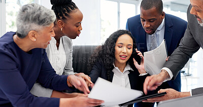 Buy stock photo Woman, team or chaos in office with phone call, demanding job or overwhelmed with business. Busy, branch manager or group in workplace with tech, request attention or multitasking for responsibility