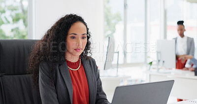 Buy stock photo Laptop, reading and businesswoman in office with research for tax return, stock market or finance report. Computer, coworking and female financial advisor with investment portfolio for company profit