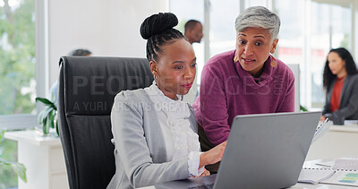 Buy stock photo Laptop, meeting and question with business women in financial office for feedback or review. Collaboration, computer and conversation with finance team in workplace for investment or risk management