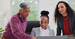 Laptop, teamwork and question with business women in financial office for feedback or review. Collaboration, computer and conversation with employee group in workplace for finance or risk management