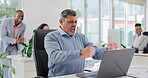 Laptop, success and man fist pump in office for financial milestone, bonus or corporate profit. Celebration, tech and happy business person with achievement, performance or investment goal with team