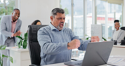 Buy stock photo Laptop, success and man fist pump in office for financial milestone, bonus or corporate profit. Celebration, tech and happy business person with achievement, performance or investment goal with team