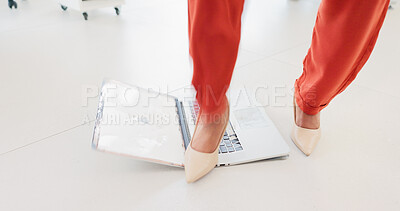 Buy stock photo Feet, laptop and stomp with business woman in office for destruction, frustration or rage. Computer, high heels and smash with angry employee in corporate workplace for breakdown, crisis or disaster