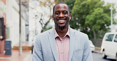 Buy stock photo Business, portrait and smile of black man on city street for job satisfaction or travel. Commute, confidence and morning with happy employee outdoor in urban town for development or opportunity
