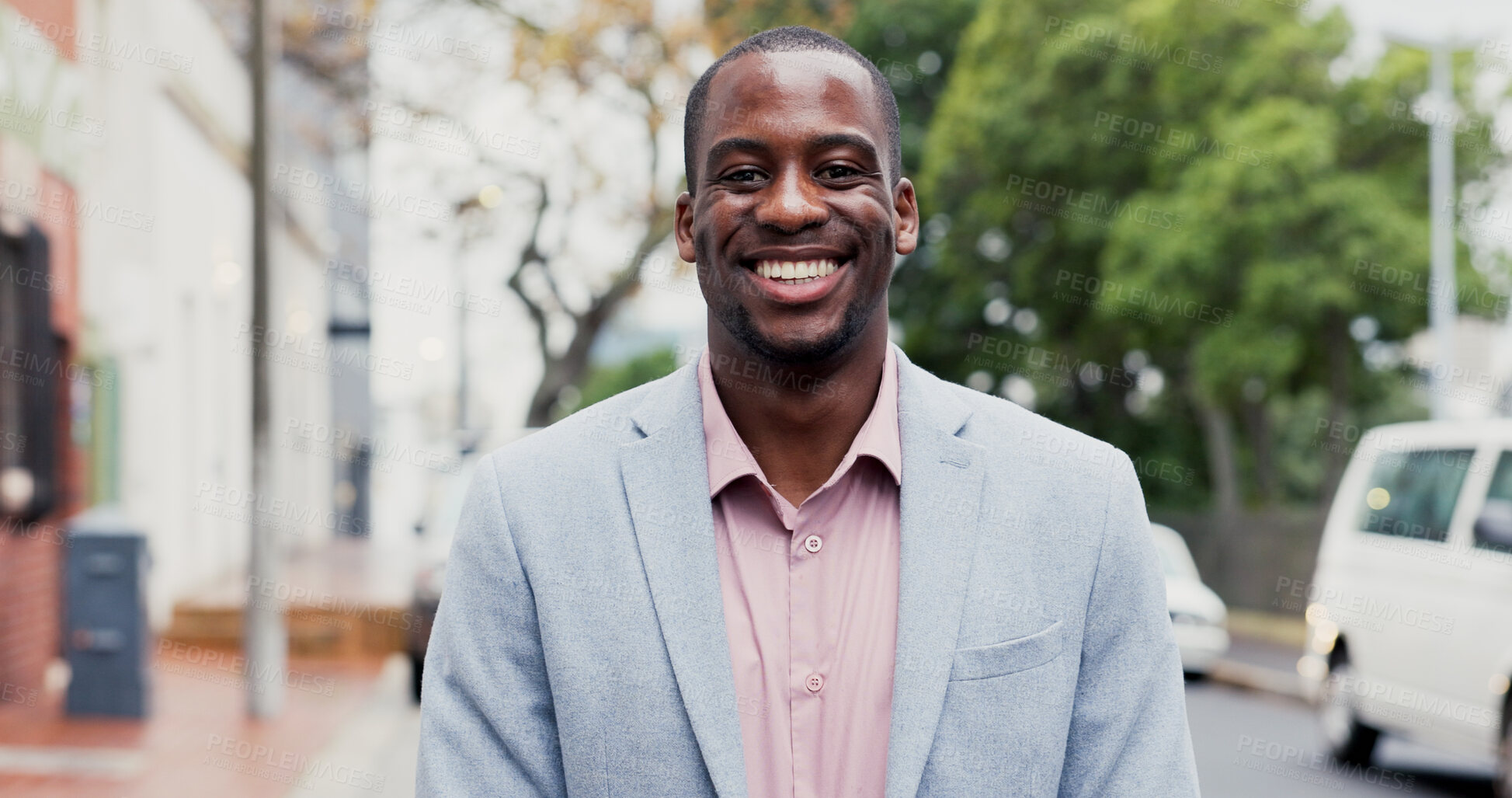 Buy stock photo Business, portrait and smile of black man on city street for job satisfaction or travel. Commute, confidence and morning with happy employee outdoor in urban town for development or opportunity