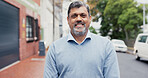 Portrait, travel and smile of business man on city street for experience or job satisfaction. Commute, confidence and happy with mature employee outdoor in urban town for development or opportunity