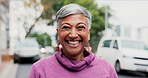 Laughing, portrait and travel with business woman on city street for job satisfaction. Confident, experience and funny with mature employee outdoor in town for commute,  development or opportunity